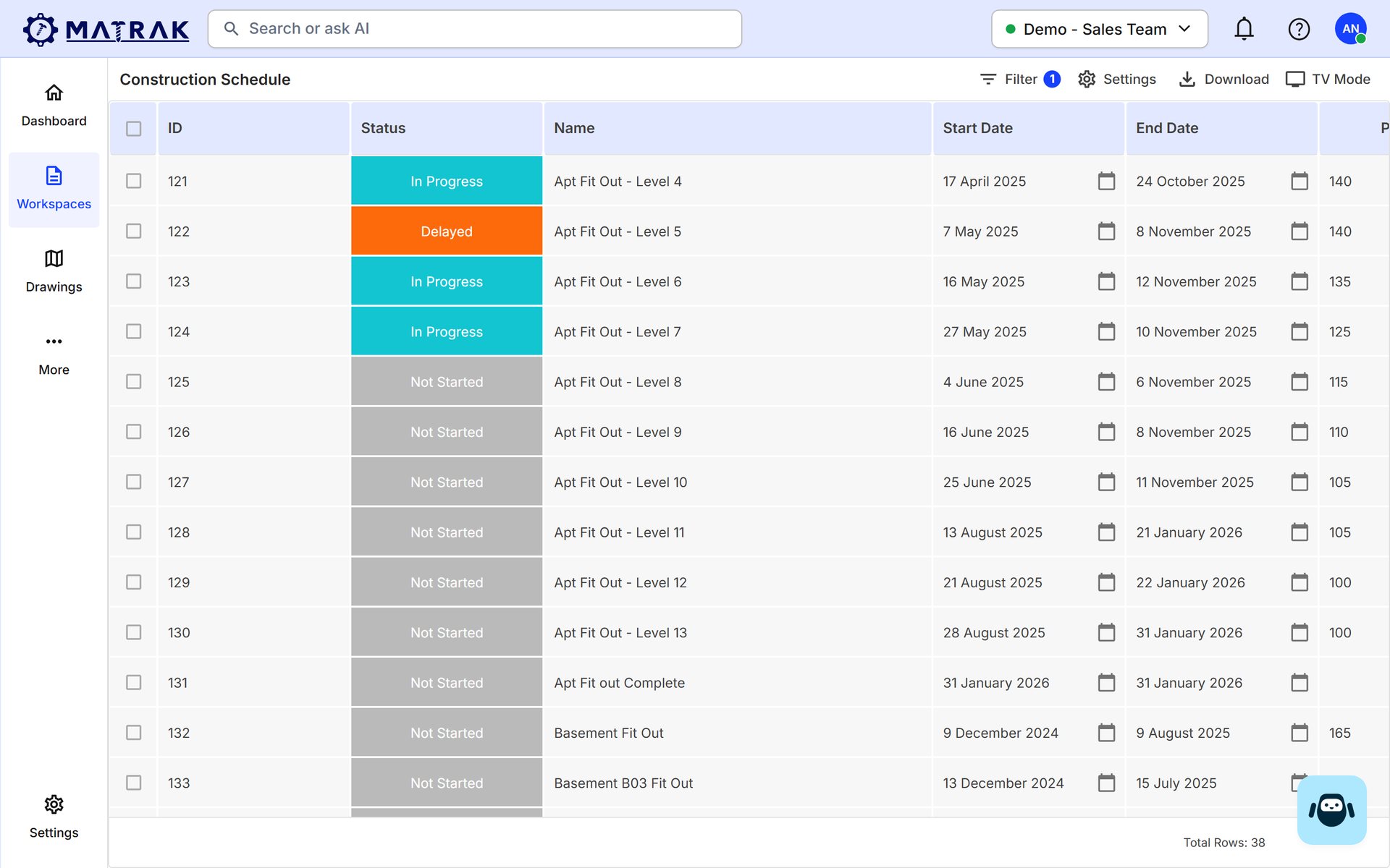 A Matrak construction schedule: each task in progress, delayed or not started, with start and end dates