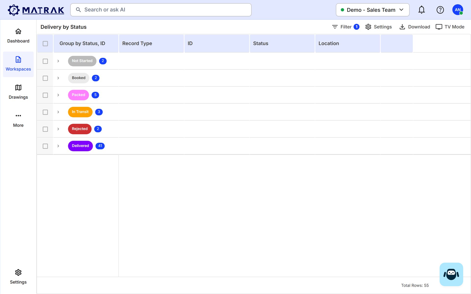 Matrak deliveries grouped by status: not started, booked, packed, in transit, rejected and delivered