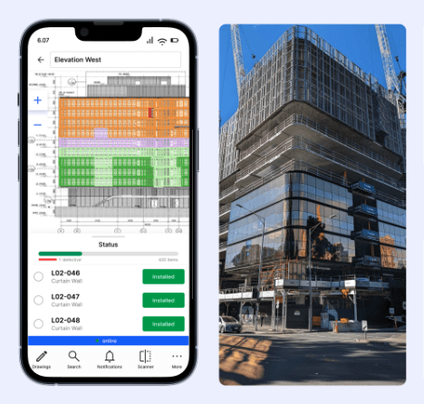 The Matrak mobile app showing the west elevation with curtain wall panels coloured by status, next to a photo of the real building