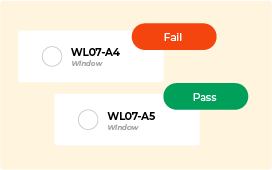 Two material id's in white boxes, with a checkbox with two rounded buttons in red and green with the text 'Fail' and 'Pass'