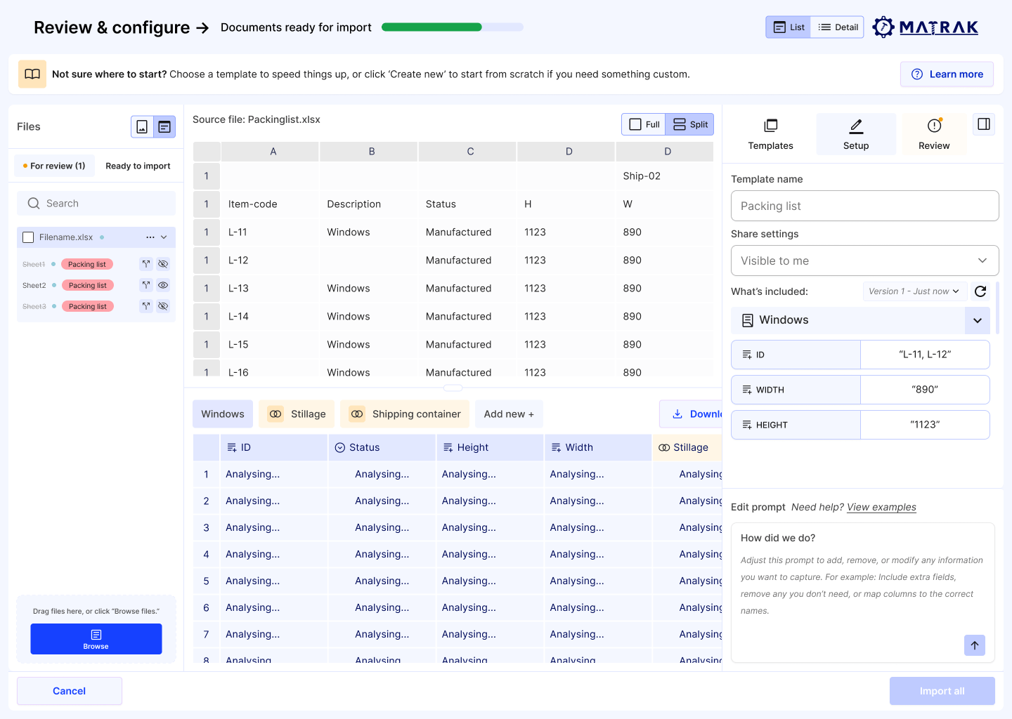 Matrak's Review and configure screen reading a supplier packing list spreadsheet into items with ID, status, height and width